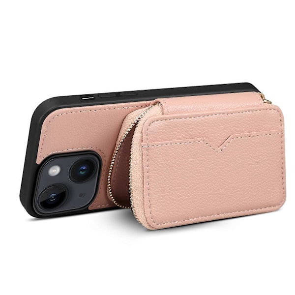 För iPhone 15 Plus Ställ Zipper Plånbok Baksida PU Läder+TPU Mobilskal med Kedjerem Multicolor Style B