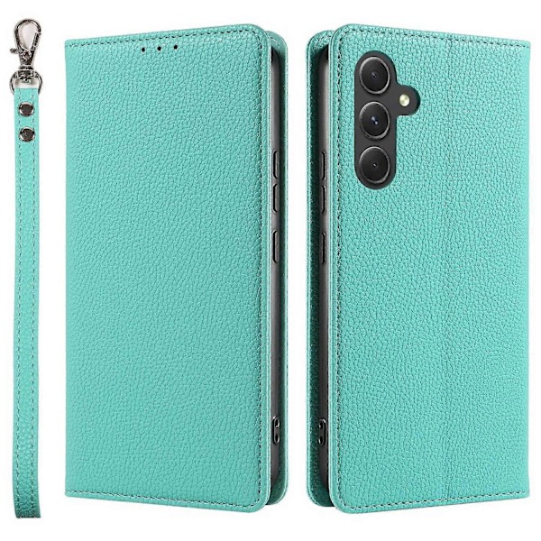 Til Samsung Galaxy A56 5G Etui Magnetisk Litchi Tekstur Tegnebog Læder Telefon Cover med Håndledsrem Multicolor Mint Green