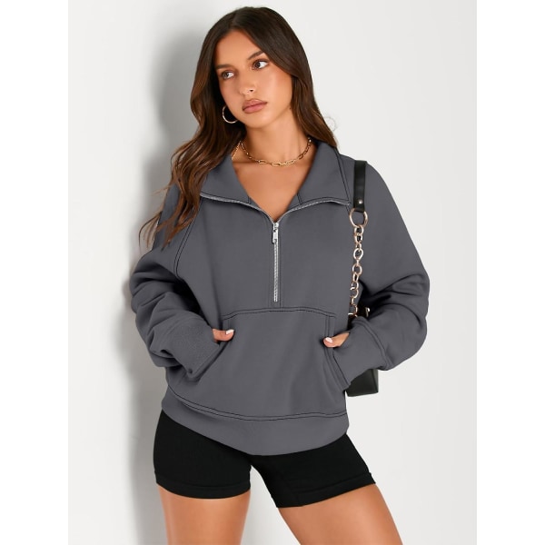 Damtröjor Halv dragkedja Cropped Pullover Fleece Quarter Zipper Huvtröjor Höstkläder Kläder Tumhål Darkdrey X-Large