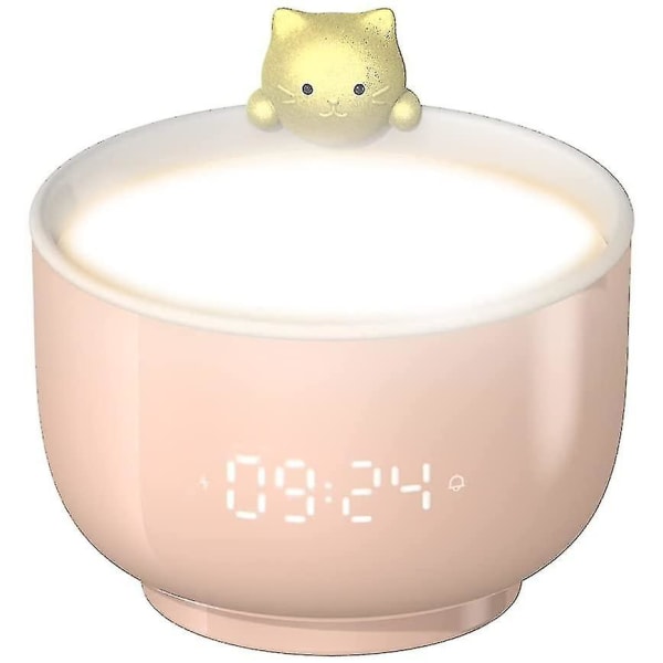 Barnväckarklocka för tjejer, söt kattväckarklocka med beröring väckning, led nattljus, snooze-funktion, USB laddning, anpassad väckarklocka (rosa) (h