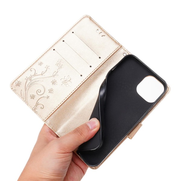 För Iphone 15 Plus Pu Läder Cover Phone case Imprinted Butterflies Shell Stand with rem Gold