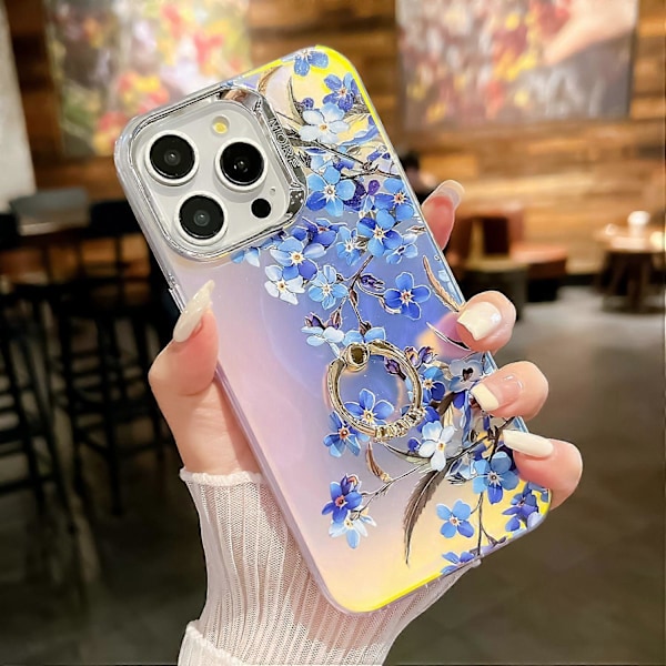 Blommig Lasertextur Skal för iPhone 15 Pro Max med Ringstativ Multicolor Style B