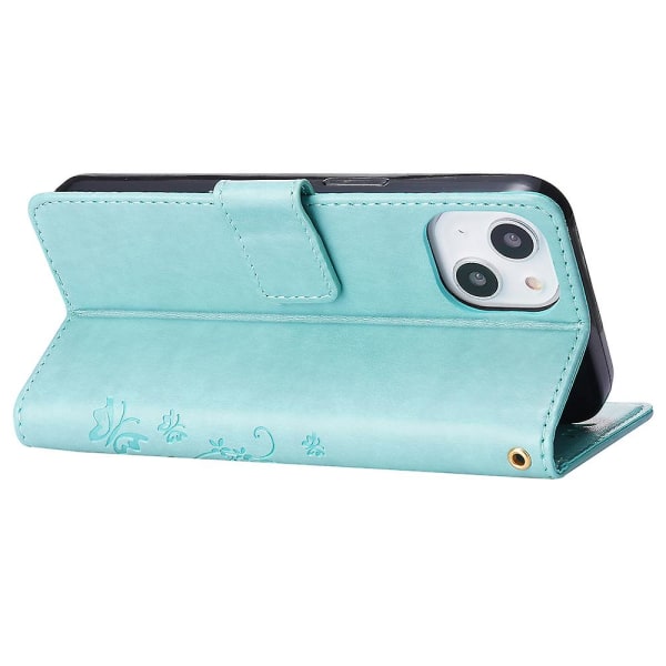 För Iphone 15 Plus Pu Läder Cover Phone case Imprinted Butterflies Shell Stand with rem Baby Blue
