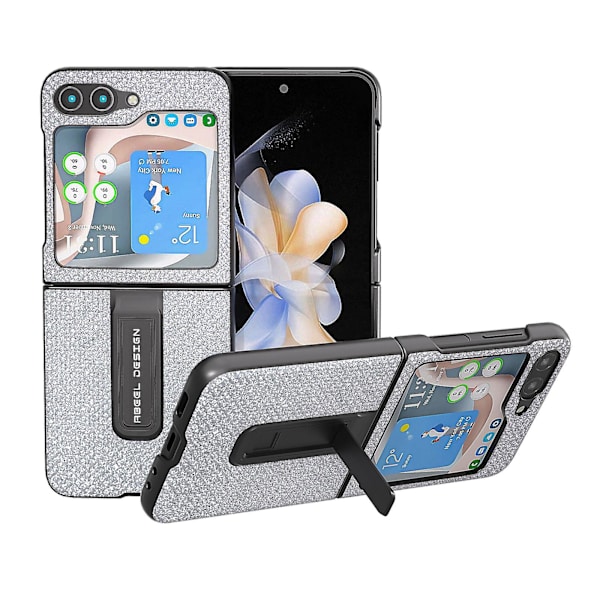 För Samsung Galaxy Z Flip5 5g Rhinestone Texture Back Cover Pu Läder+PC Kickstand Phone case Silver