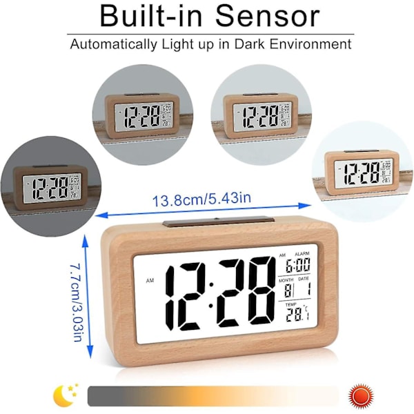 Enkelt set digital väckarklocka i trä med temperatur, datum, bakgrundsbelysning, snooze, för sovrum, säng, hem, kontor, icke tickande