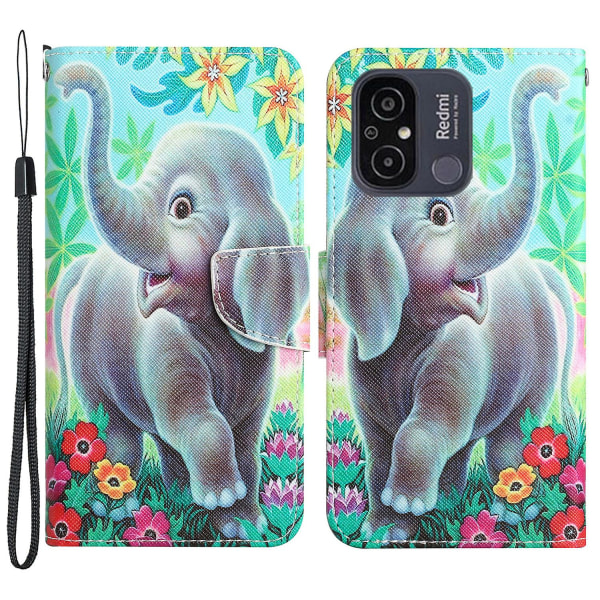 För Xiaomi Redmi 12c 4g Pu cover Mönstertryck Plånboksställ Flip Phone case Elephant