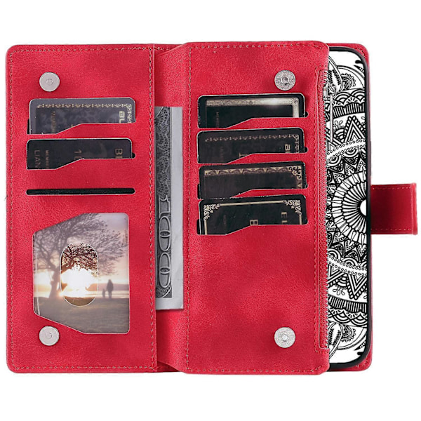Style 006 til Xiaomi Redmi Note 14 5G Wallet Case PU Læder Telefon Cover Mandala Blomster Mønster - Grå Multicolor Red