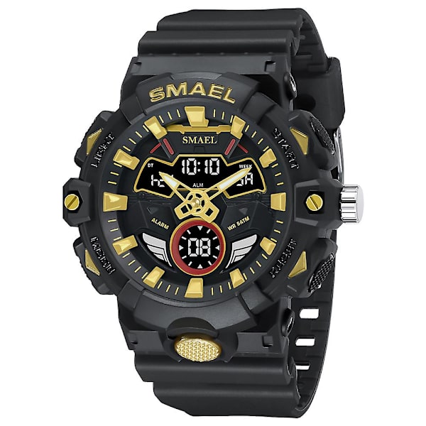 Smael Digitalt og Quartz Urværk Herre Sportsure LED Lys Multifunktionel Chrono Dato Vandtæt Analogt Elektronisk Armbåndsur Black Golden