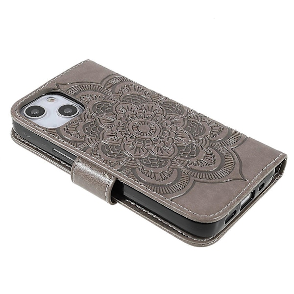 Präglad Mandala Blomma PU Läder Telefonställ Skydd Plånboksfodral med Rem för iPhone 13 6.1 tum Multicolor Style C