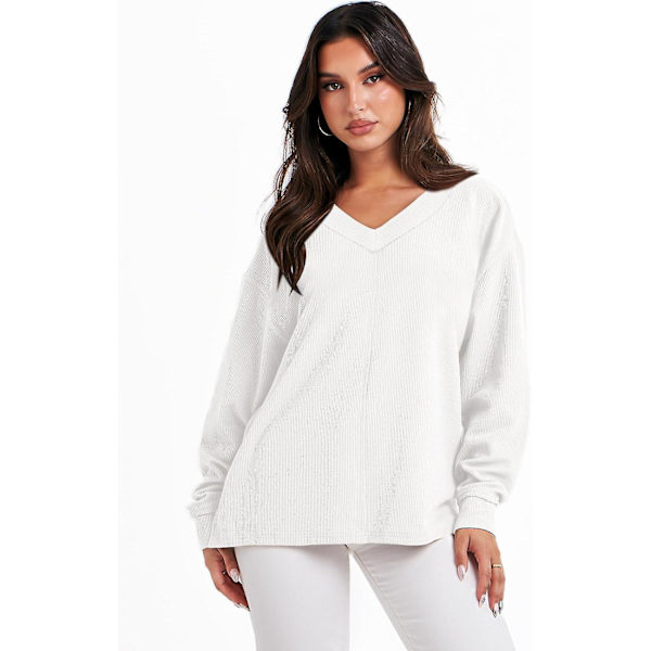 Dam långärmad skjorta V-ringad off-shulder Oversized stickad tröja lös hög låg höst tunika toppar White X-Large