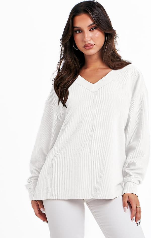Dame Langærmet Skjorte V-hals Off Shoulder Oversized Strikket Pullover Sweatshirt Løs High Low Efterårs Tunika Toppe White Medium