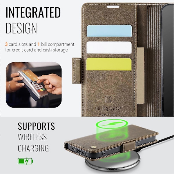 iPhone 15 Pro Max -kotelo AUTSPACE A11 RFID-suojattu retro nahkainen puhelinlompakkokotelo - Musta Multicolor Brown