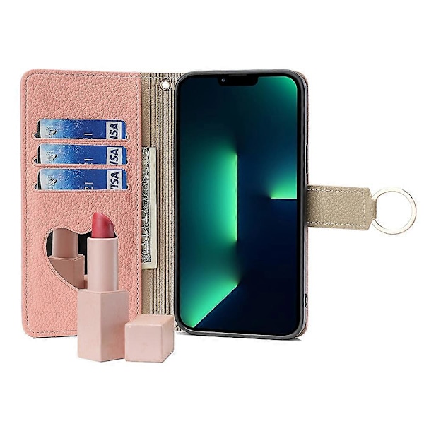 PU læder ringholder telefoncover med pung, stativ og fuld beskyttelse til iPhone 15 Pro med makeup-spejl Multicolor Style B