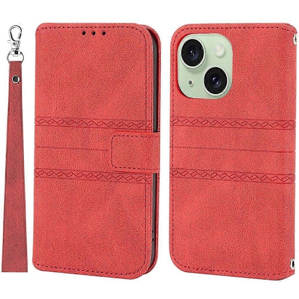 För iPhone 15 Plus Skal Präglat PU Läder Plånbok Anti-fall Telefonskydd med Rem Multicolor Style C