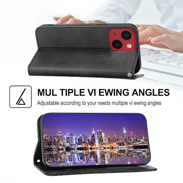 IPhone 14 Naarmuuntumaton Vasikannahka Kuvio Magneettinen Lompakkokotelo Pu-nahkaa, Kohokuvioitu Ruutukuvio, Jalustakansi Hihnalla Black