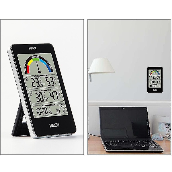 Digitalt Termometer Hygrometer Vejrstation Vægur Trådløs Sensor Alarm Komfortindikator Display Bordur