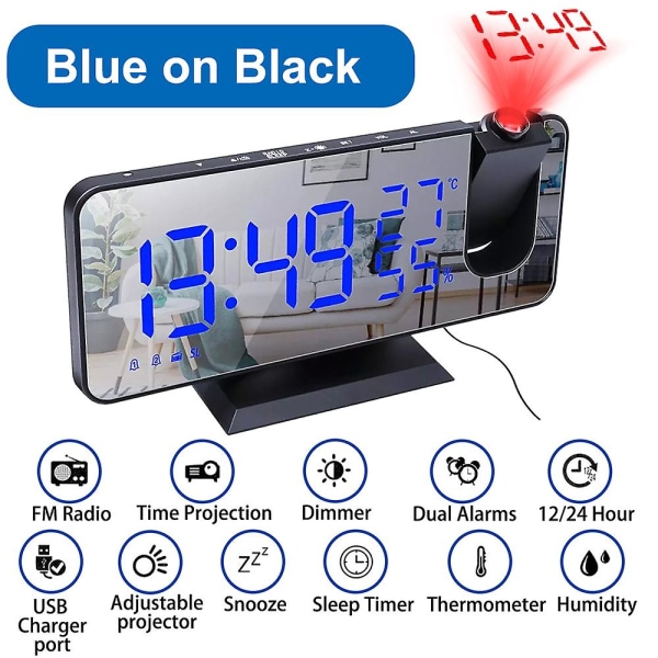 LED Digital Projektions Vækkeur Elektronisk Vækkeur Med Projektion FM Radio Tids Projektor Soveværelse Seng Mute Ur Blue on Black A
