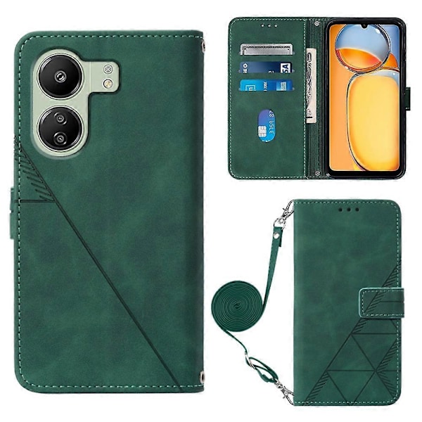 Læder Wallet Case med skulderrem til Xiaomi Redmi 13C 4G/13C 5G/13R 5G/Poco M6 5G/Poco C65 4G Multicolor Blackish Green
