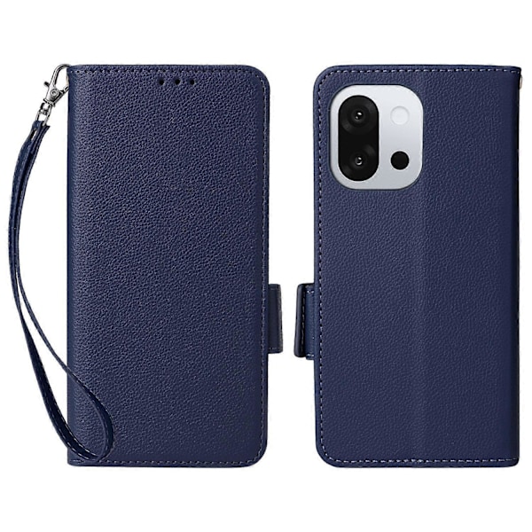 Skal för OnePlus 13T 5G med handledsrem, litchi-textur PU-läder plånboksfodral Multicolor Dark Blue