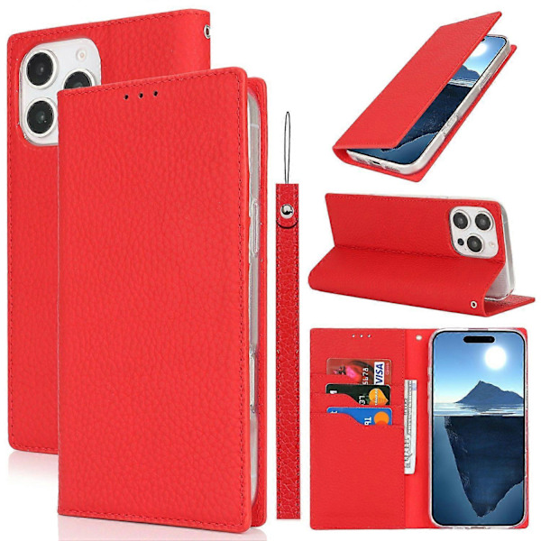 Plånboksfodral för iPhone 16 Pro Äkta Läder Telefonskal Litchi Textur Multicolor Style E