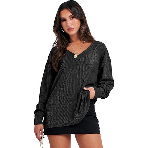 Dam långärmad skjorta V-ringad off-shulder Oversized stickad tröja lös hög låg höst tunika toppar Black Large