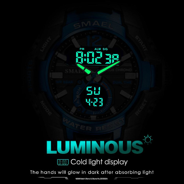 Smael Dual Time Army -urheilukello miehille, valoisa, vedenpitävä kvartsi digitaalinen rannekello herätyskellolla ja LED-taustavalolla sekä kalenterilla 1805 Black Silver-Box