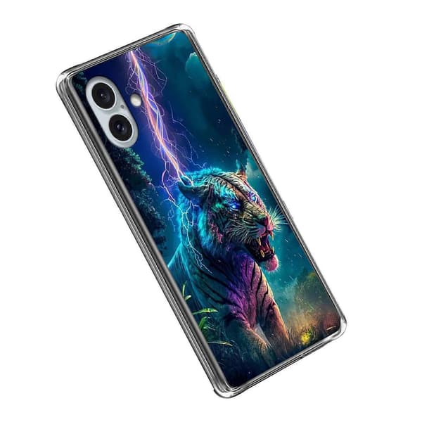 For iPhone 16 Deksel IMD Mønster Trykt Støtsikkert TPU Telefondeksel Multicolor Lightning Tiger