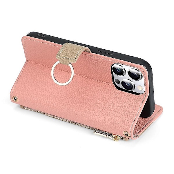 För iPhone 15 Pro PU Läder Ringhållare Telefonfodral Plånboksställ Fullt Skydd Skal med Sminkspegel Multicolor Style B