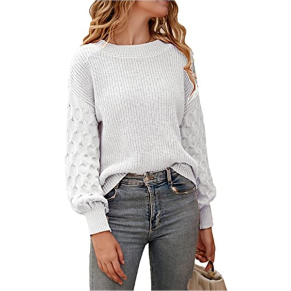 Dame 2023 Vinter Pullover Sweater Afslappet Langærmet Rund Hals Løs Tyk Strikket Jumper Toppe Bluse White Large