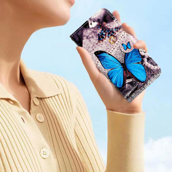 För Iphone 15 Plus Pu Läder Case Mönster Skrivbord Cover Blue Butterfly