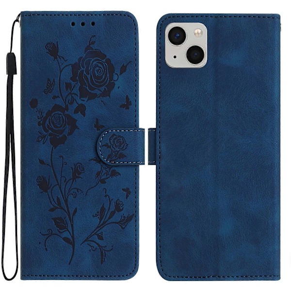 Plånboksfodral för iPhone 14 Rosmönster Präglat Läder Flip Ställ Telefonskal Multicolor Dark Blue