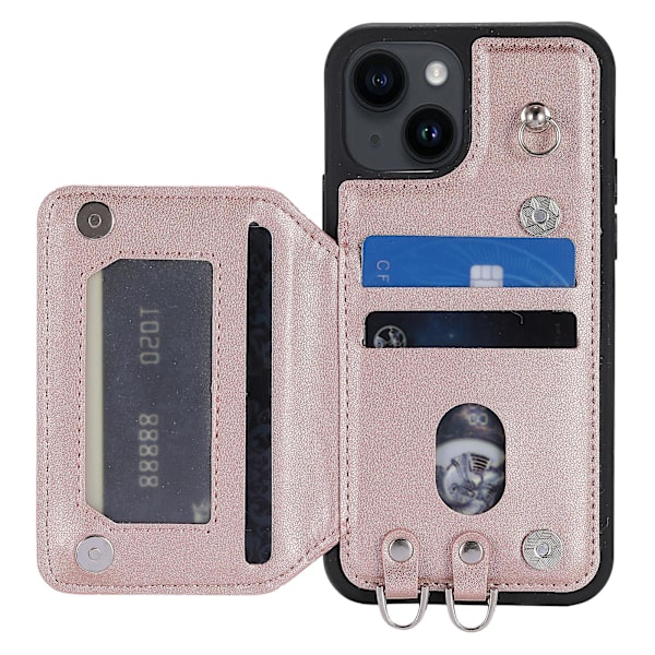 Phone case för Iphone 15 Rfid-blockerande korthållare Pu-läderbelagd TPU-skal med handledsrem Rose Gold