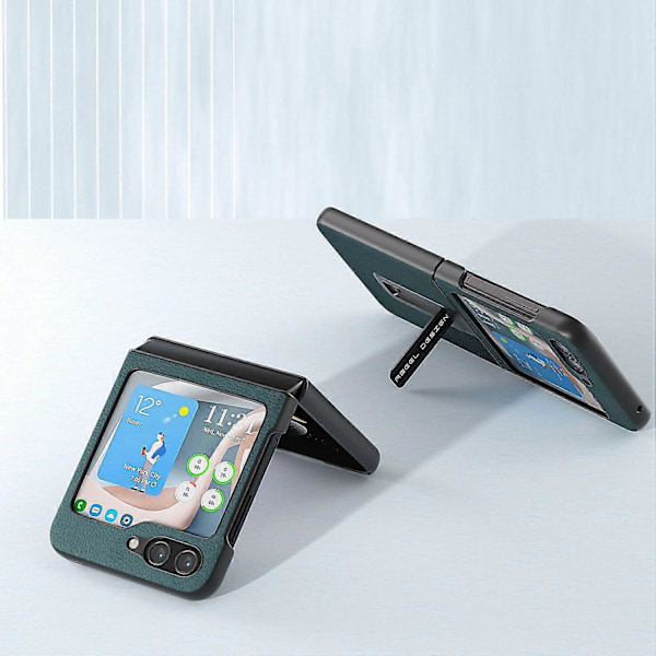Til Samsung Galaxy Z Flip5 5G Bagcover Støtteben Ægte Koskindslæder+PC Telefoncover Multicolor Style D