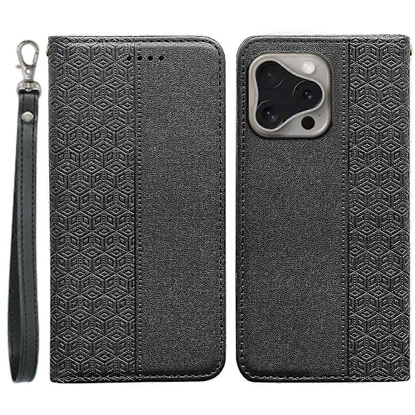 Plånboksfodral för iPhone 16 Pro Stark Magnetisk Rutmönstrad Präglad Läder Flip Cover Multicolor Black