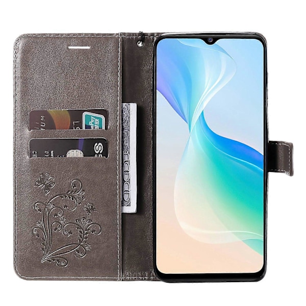 KT Imprinting Flower Series-2 för vivo Y76 5G PU Läder Bokställ Fodral Präglad Fjäril