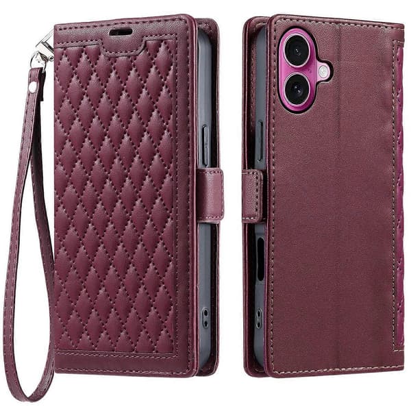Läderfodral med rombmönster, plånboksställ och handledsrem för iPhone 16 Plus Multicolor Wine Red