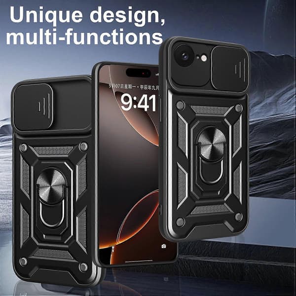 Deksel til iPhone 16e med skyvbart kameralokk PC + TPU stativ telefondeksel Multicolor Silver