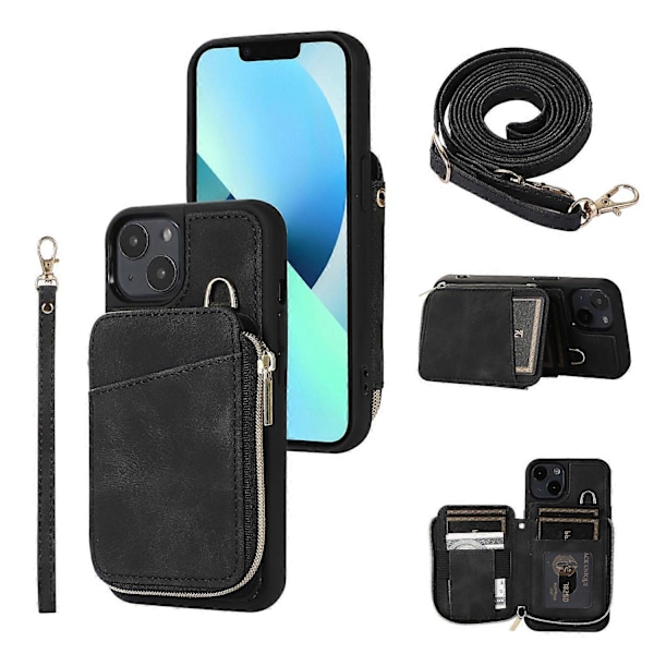iPhone 13 Vetoketjullinen Lompakkokotelo Jalustalla PU-nahka+TPU Suojakuori Multicolor Style A
