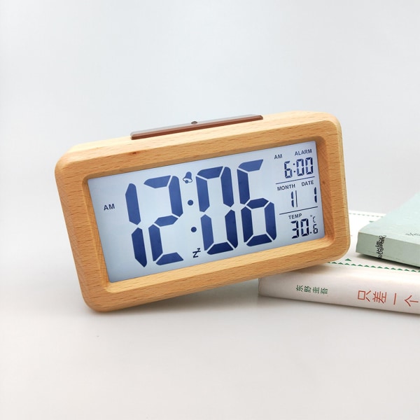 Digitalt LCD Vækkeur i Træ med Smart Sensor Natlys, Snooze, Dato, Temperatur og 12/24 timers skift Solid Wood Color