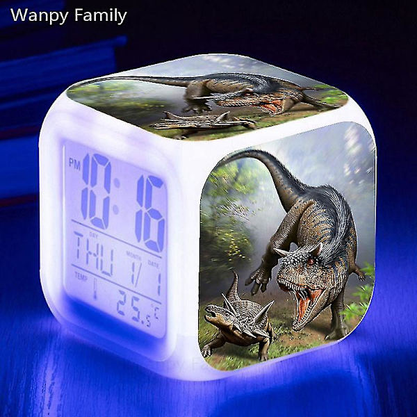 Tyrannosaurus Dinosaurie Väckarklocka 7 färgbyte Multifunktions väckningstimer Barnrum Lysande elektronisk watch Present till barn White