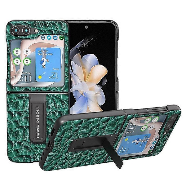 Til Samsung Galaxy Z Flip5 5G Støtteben Bagcover Ægte Koskindslæder+PC Baldakin Tekstur Telefoncover Multicolor Style C