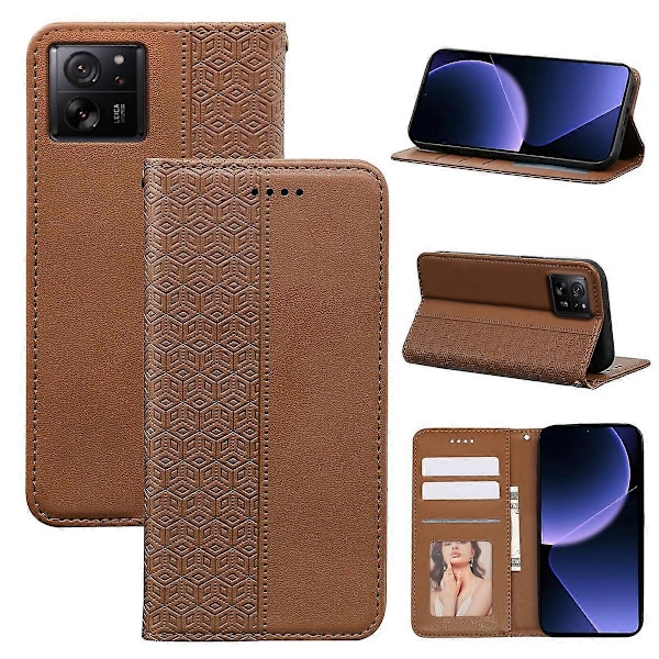 För Xiaomi 14T Plånboksfodral Stark Magnetisk Rutmönstrad Prägling Läder Flip Cover - Grön Multicolor Brown