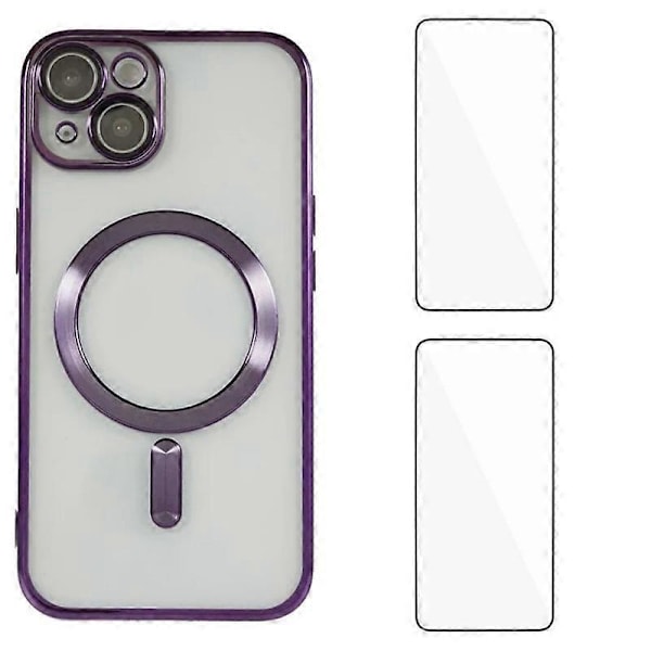 iPhone 14 Magneettinen Kotelo WANLONFENG Galvanoidulla TPU-kuorella ja Linssisuojalla + 2 kpl Karkaistua Lasia Multicolor Dark Purple