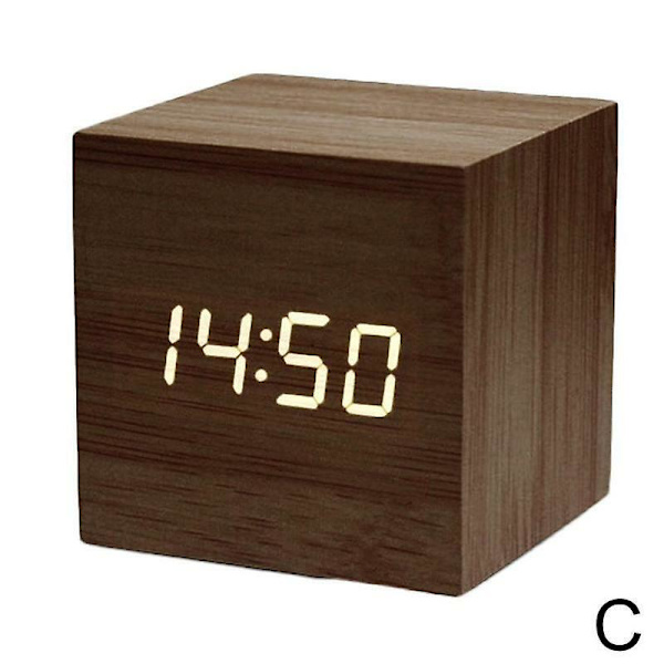 Træ Cube Led Alarm Stemmestyring Digitalt Skrivebord Sengelampe Ur Træ Hurtig Temperatur Brown