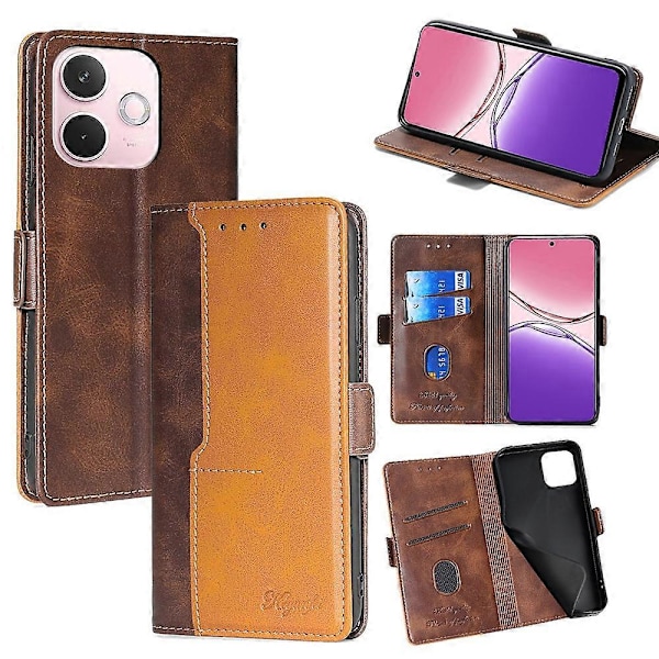 Til Oppo A5 Pro 4G/ 5G/ A5 Energy 5G Etui Kontrastfarve Tegnebog Læder Telefoncover Multicolor Dark Brown + Gold