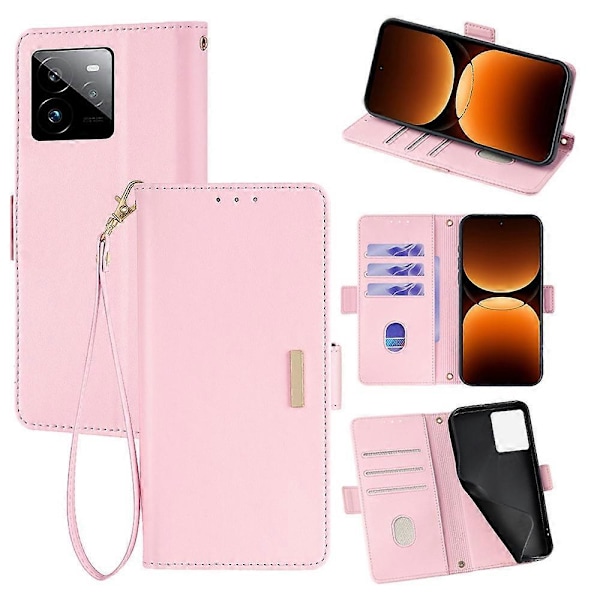 Læder Wallet Case med RFID-blokering og stativ til Realme GT 7 Pro 5G med håndrem - Grøn Multicolor Pink