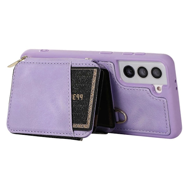 Wallet Telefon Cover til Samsung Galaxy S22 5G, Lynlås Design Cover Støtteben PU Læder+TPU Skal Multicolor Style E
