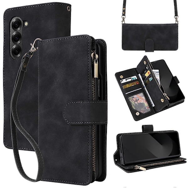 Fodral för Samsung Galaxy Z Fold6 5G med dragkedjeficka, läderfodral med axelrem Multicolor Style C