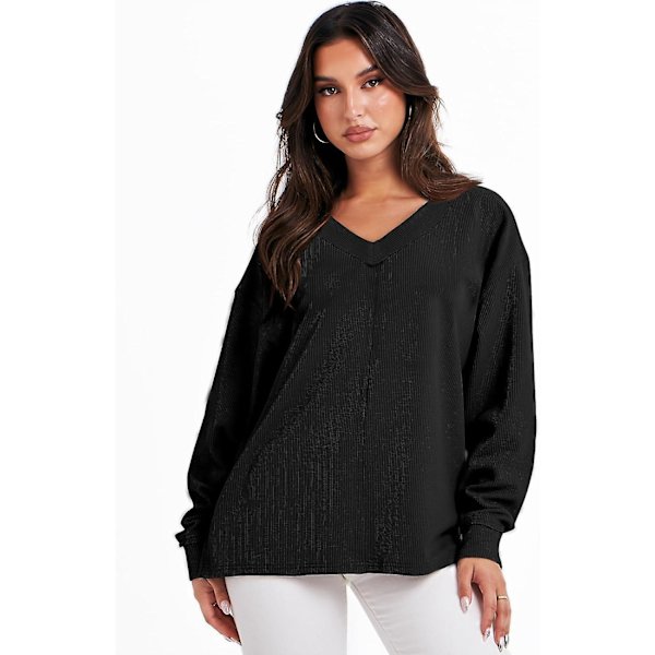 Dam långärmad skjorta V-ringad off-shulder Oversized stickad tröja lös hög låg höst tunika toppar Black Small