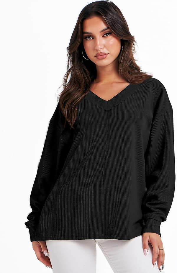 Dame Langærmet Skjorte V-hals Off Shoulder Oversized Strikket Pullover Sweatshirt Løs High Low Efterårs Tunika Toppe Black Large
